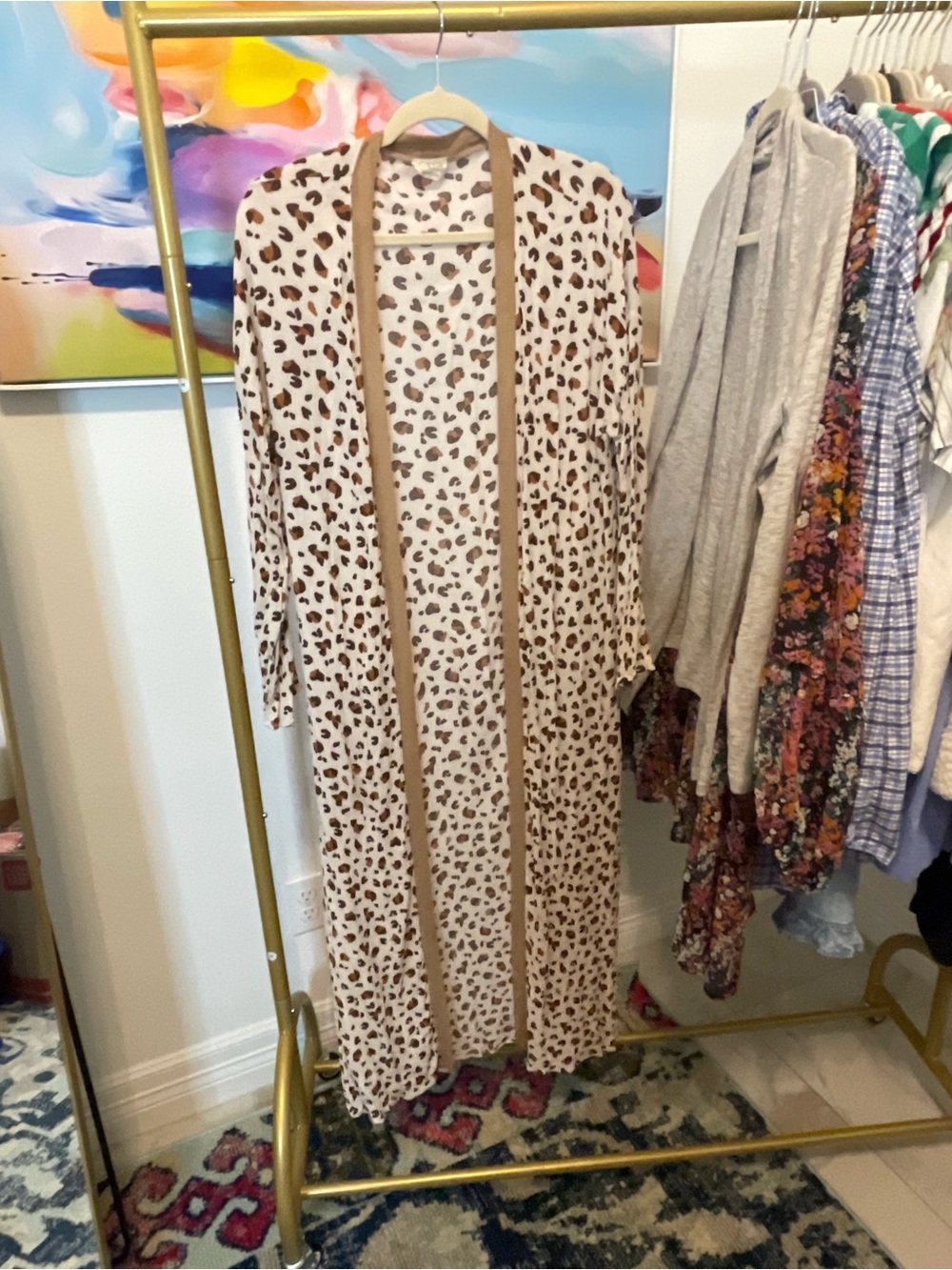 Peach Love California Leopard Print Cardigan in Cream & Brown beach small